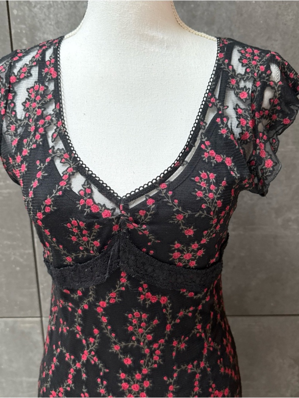 Y2K Heart Moon Star black read flowers Lace Dress Whimsigoth size M - Picture 2 of 16